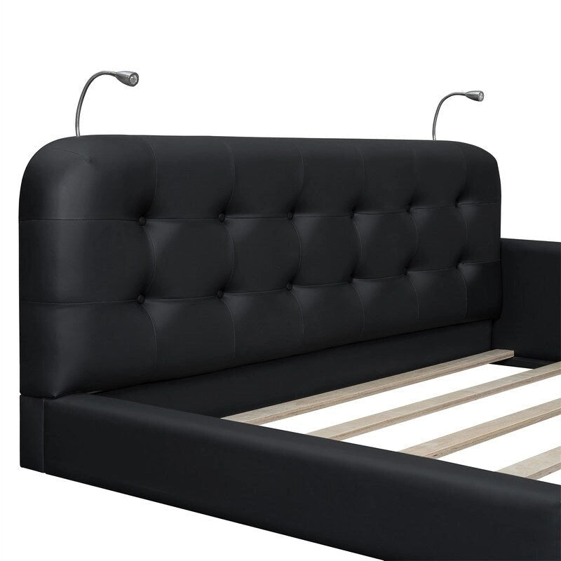 Upholstered Platform Bed with 2 Built-in Reading Lights, Queen Size PU Bed Frame Floor Bed with Button Tufted Design Headboard