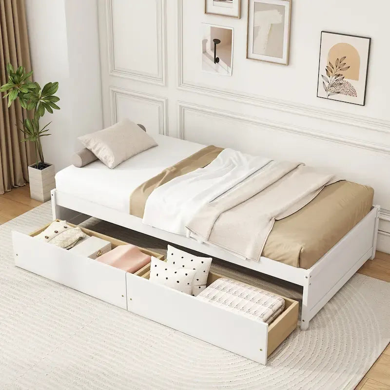 Twin Captain Bed with 2 Storage Drawers and Slat Support, White