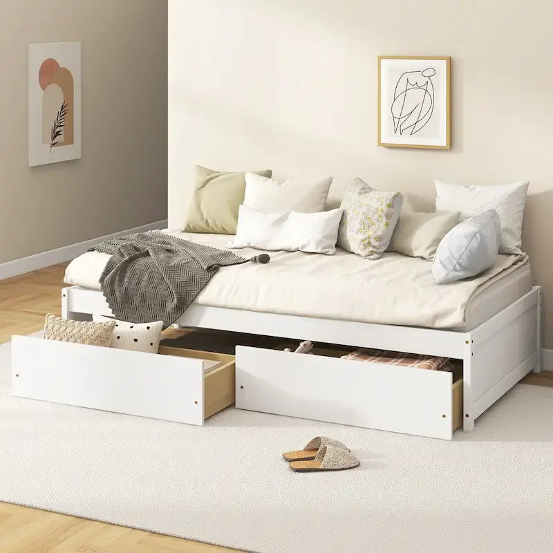 Twin Captain Bed with 2 Storage Drawers and Slat Support, White