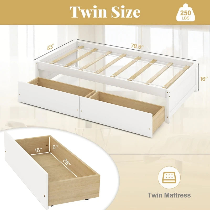 Twin Captain Bed with 2 Storage Drawers and Slat Support, White