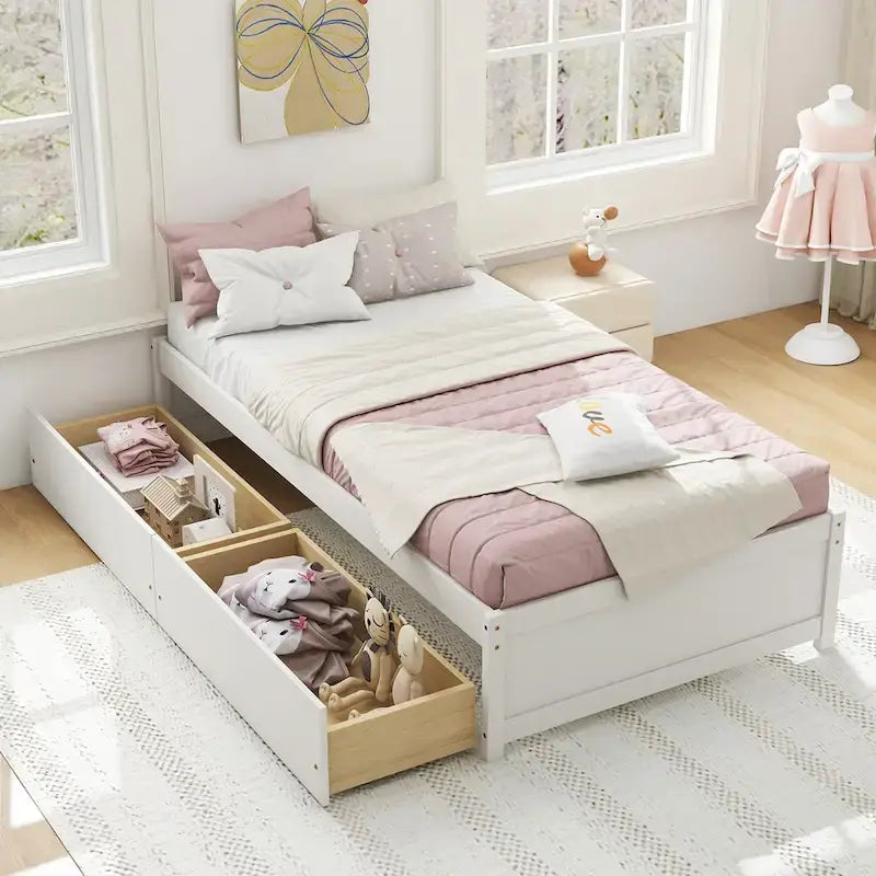 Twin Captain Bed with 2 Storage Drawers and Slat Support, White