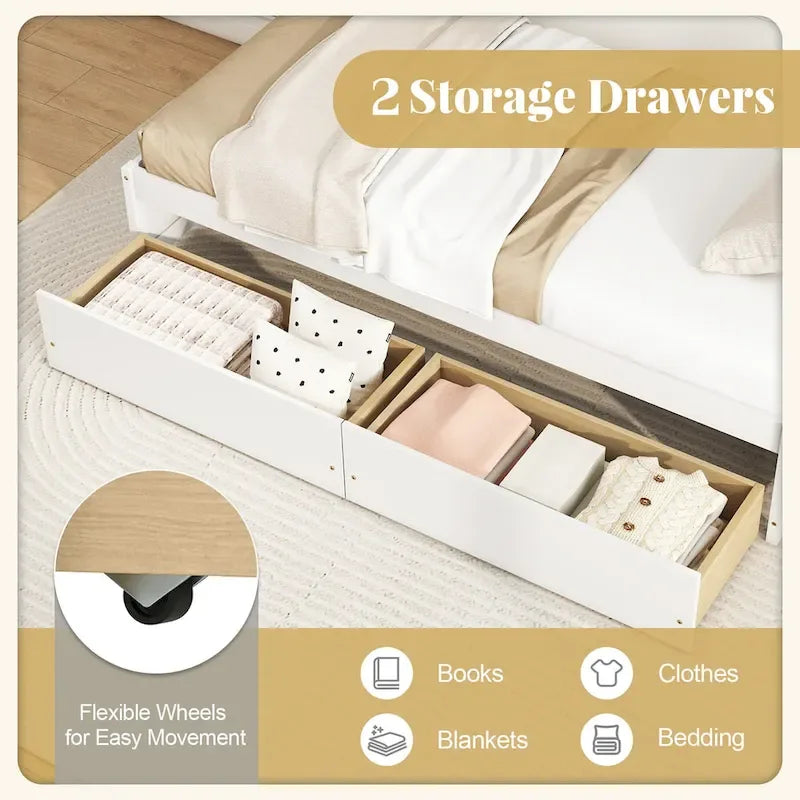 Twin Captain Bed with 2 Storage Drawers and Slat Support, White
