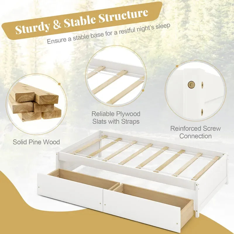 Twin Captain Bed with 2 Storage Drawers and Slat Support, White