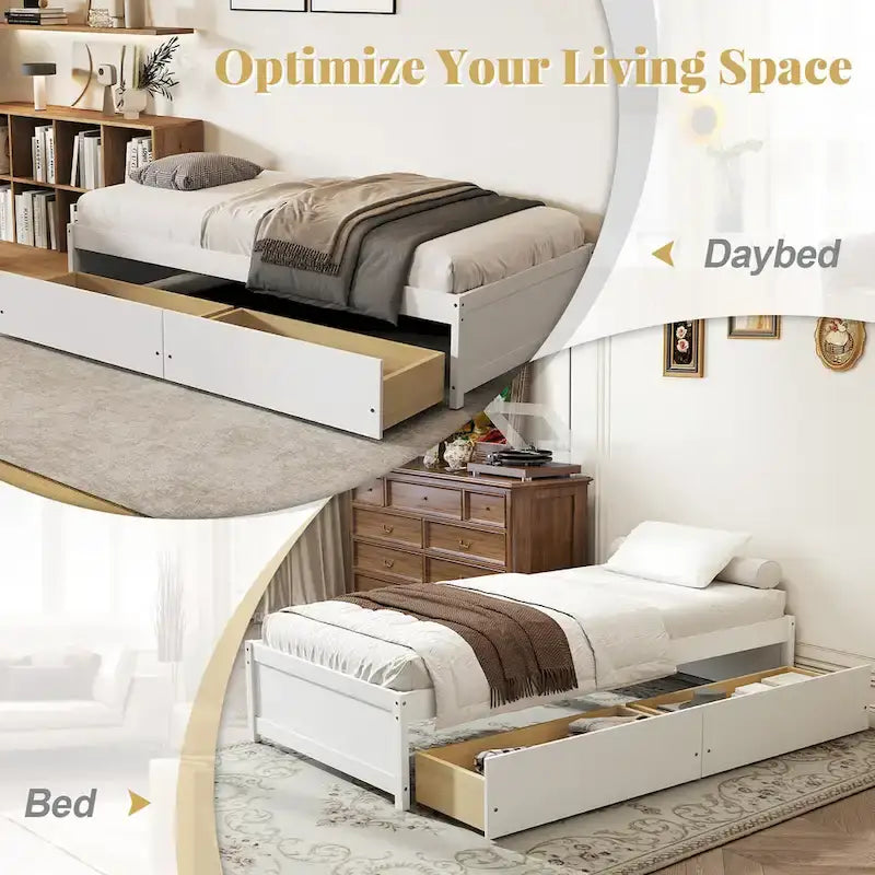 Twin Captain Bed with 2 Storage Drawers and Slat Support, White