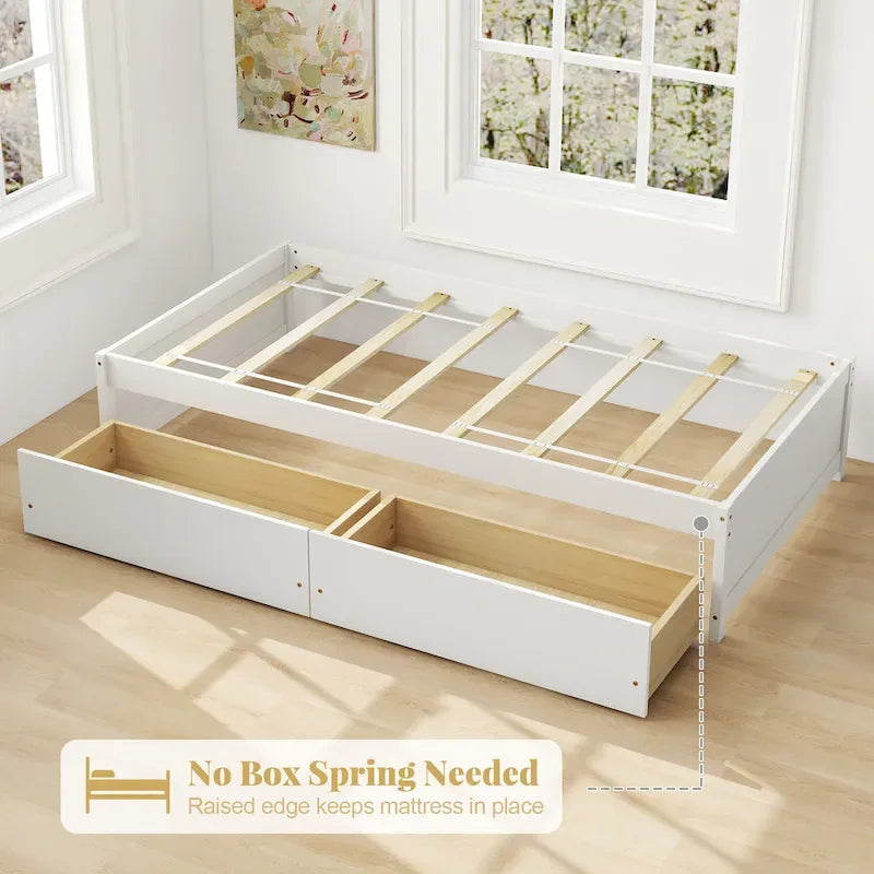 Twin Captain Bed with 2 Storage Drawers and Slat Support, White
