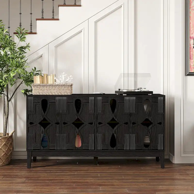 Hollow-Carved Accent Sideboard Buffet Cabinet, 60.5" Storage Cabinet Media Console Table with 4 Doors