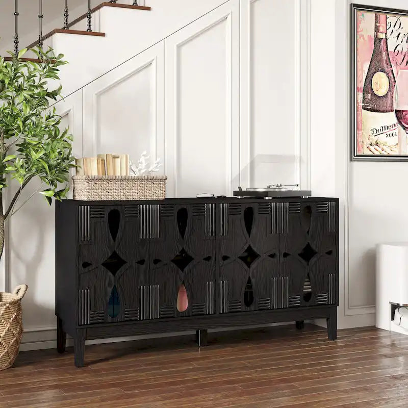 Hollow-Carved Accent Sideboard Buffet Cabinet, 60.5" Storage Cabinet Media Console Table with 4 Doors