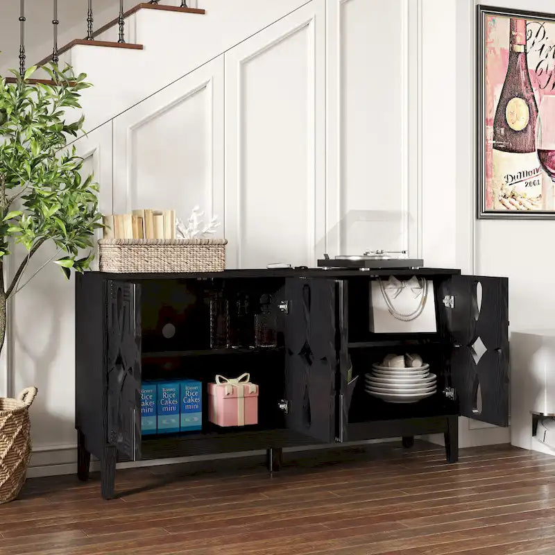 Credenza buffet intagliata con ante traforate, mobile contenitore/consolle porta TV da 60.5" con 4 ante