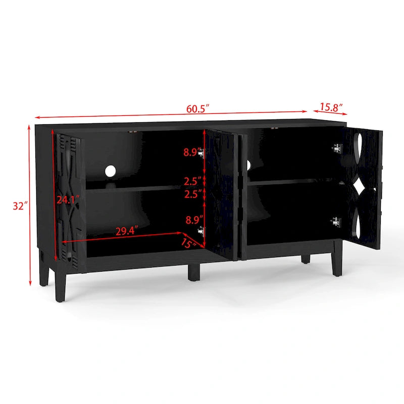 Credenza buffet intagliata con ante traforate, mobile contenitore/consolle porta TV da 60.5" con 4 ante
