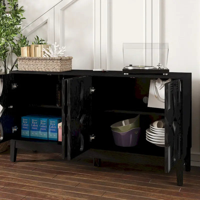 Credenza buffet intagliata con ante traforate, mobile contenitore/consolle porta TV da 60.5" con 4 ante