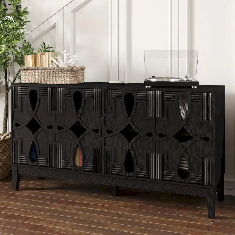 Credenza buffet intagliata con ante traforate, mobile contenitore/consolle porta TV da 60.5" con 4 ante