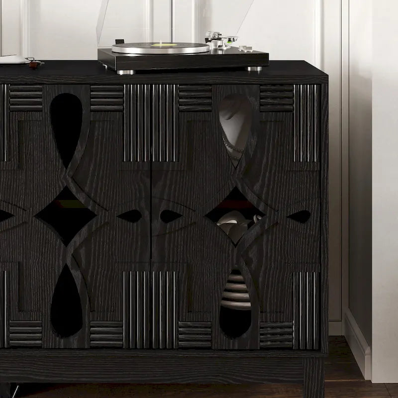 Credenza buffet intagliata con ante traforate, mobile contenitore/consolle porta TV da 60.5" con 4 ante