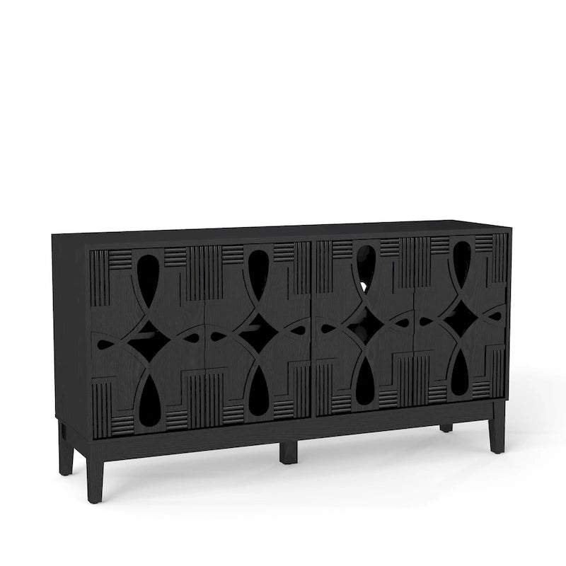 Credenza buffet intagliata con ante traforate, mobile contenitore/consolle porta TV da 60.5" con 4 ante
