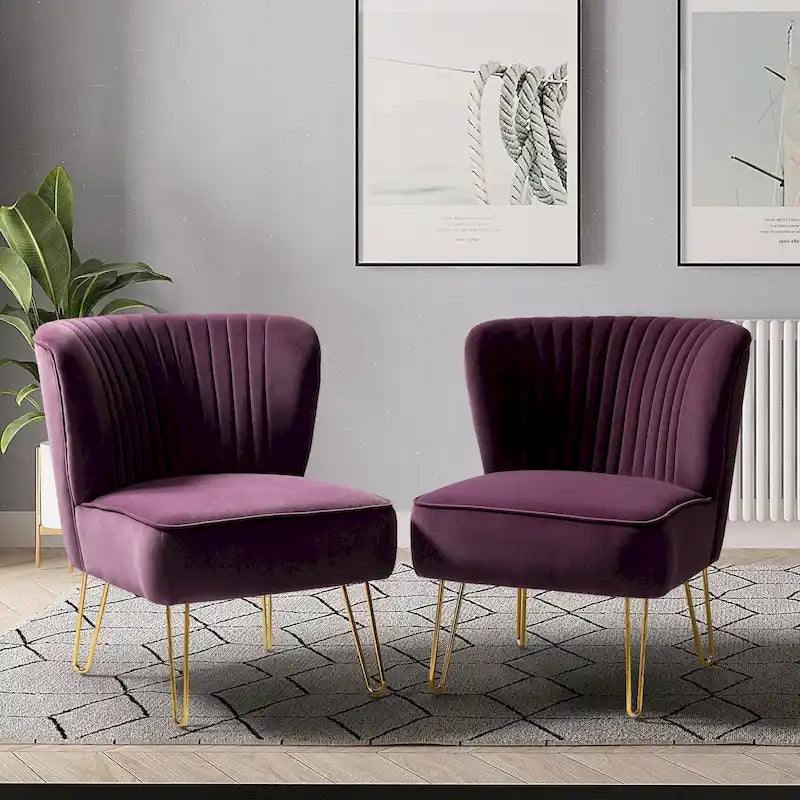 Velvet Tufted Accent Chairs with Gold-Tone Legs, Set of 2