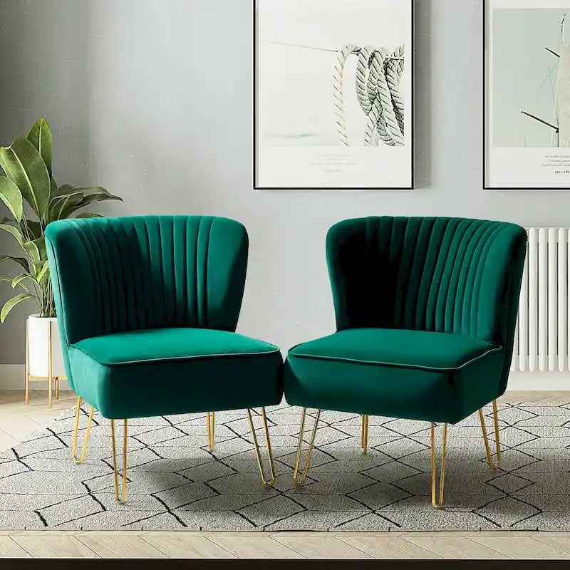 Velvet Tufted Accent Chairs with Gold-Tone Legs, Set of 2