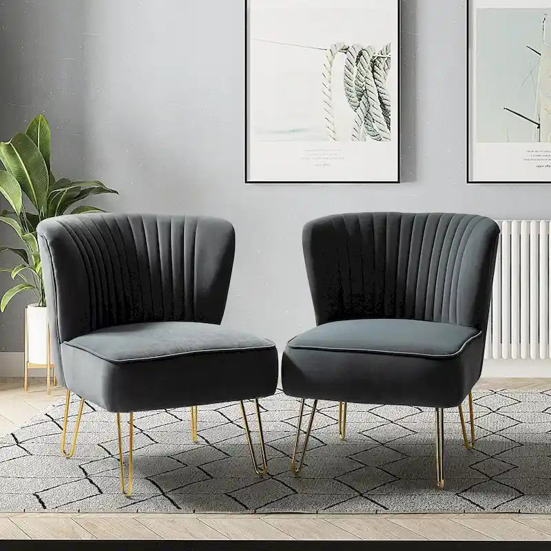 Velvet Tufted Accent Chairs with Gold-Tone Legs, Set of 2