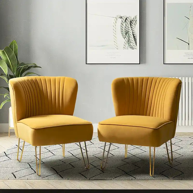 Velvet Tufted Accent Chairs with Gold-Tone Legs, Set of 2