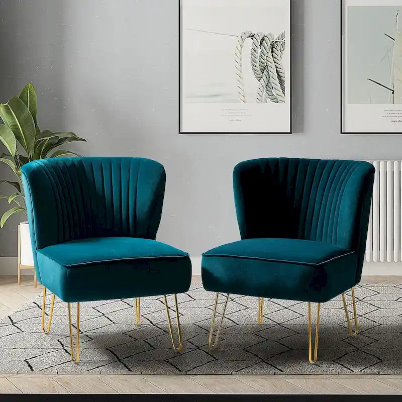 Velvet Tufted Accent Chairs with Gold-Tone Legs, Set of 2