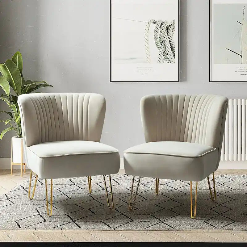 Velvet Tufted Accent Chairs with Gold-Tone Legs, Set of 2
