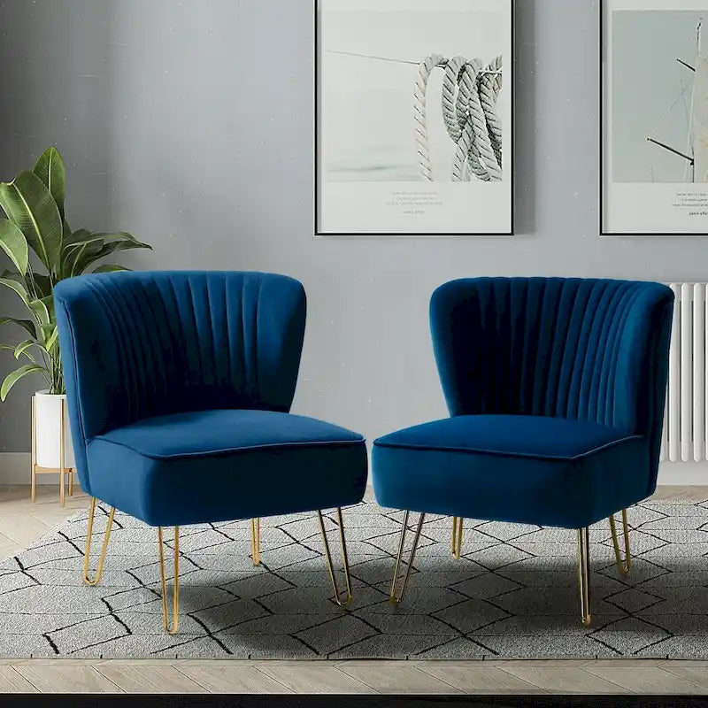 Velvet Tufted Accent Chairs with Gold-Tone Legs, Set of 2