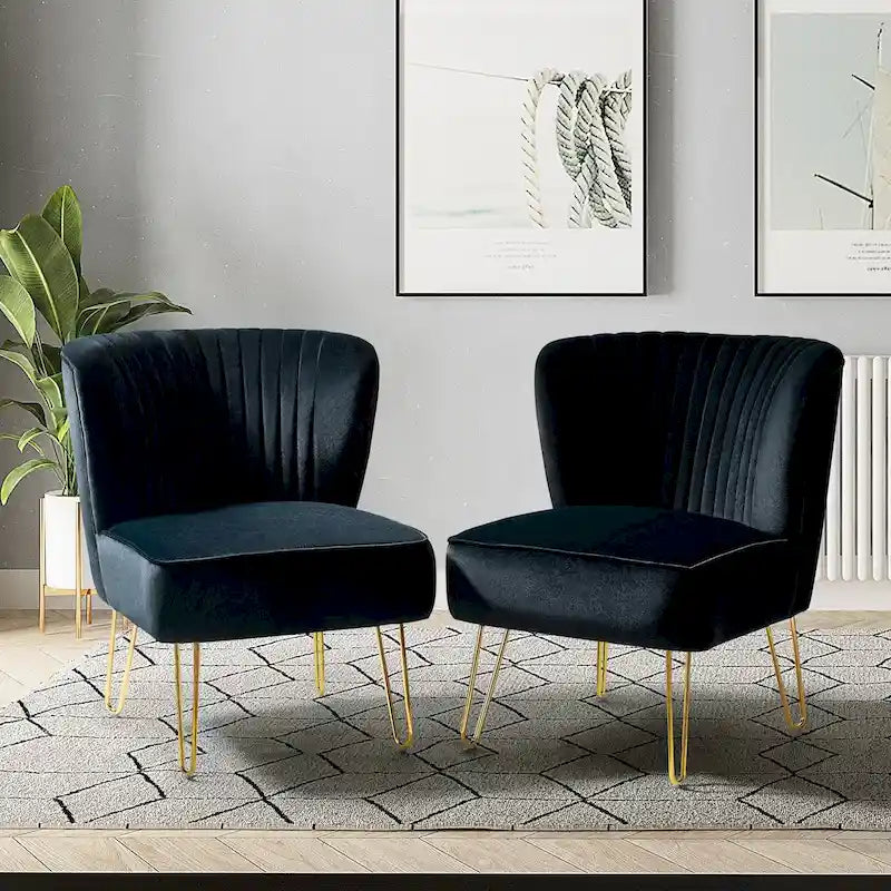 Velvet Tufted Accent Chairs with Gold-Tone Legs, Set of 2