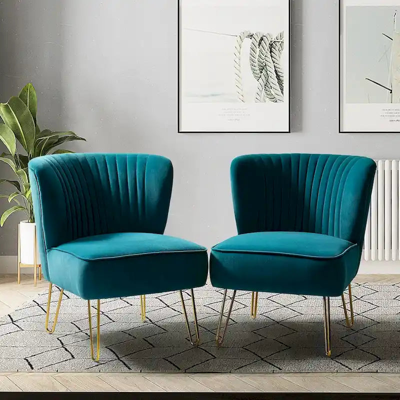 Velvet Tufted Accent Chairs with Gold-Tone Legs, Set of 2