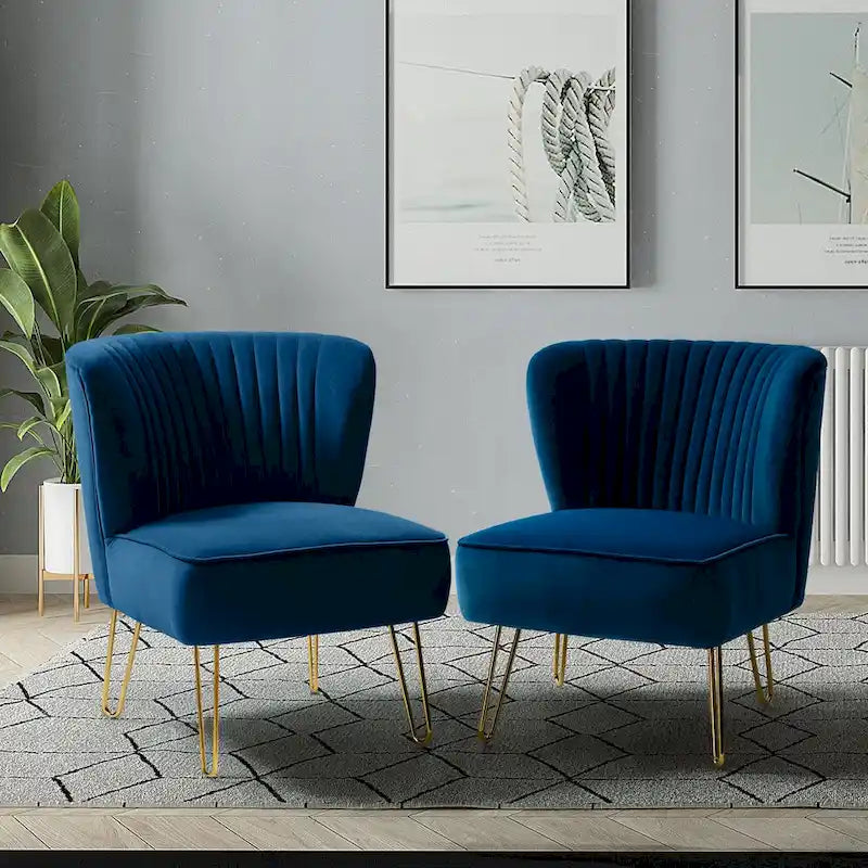 Velvet Tufted Accent Chairs with Gold-Tone Legs, Set of 2