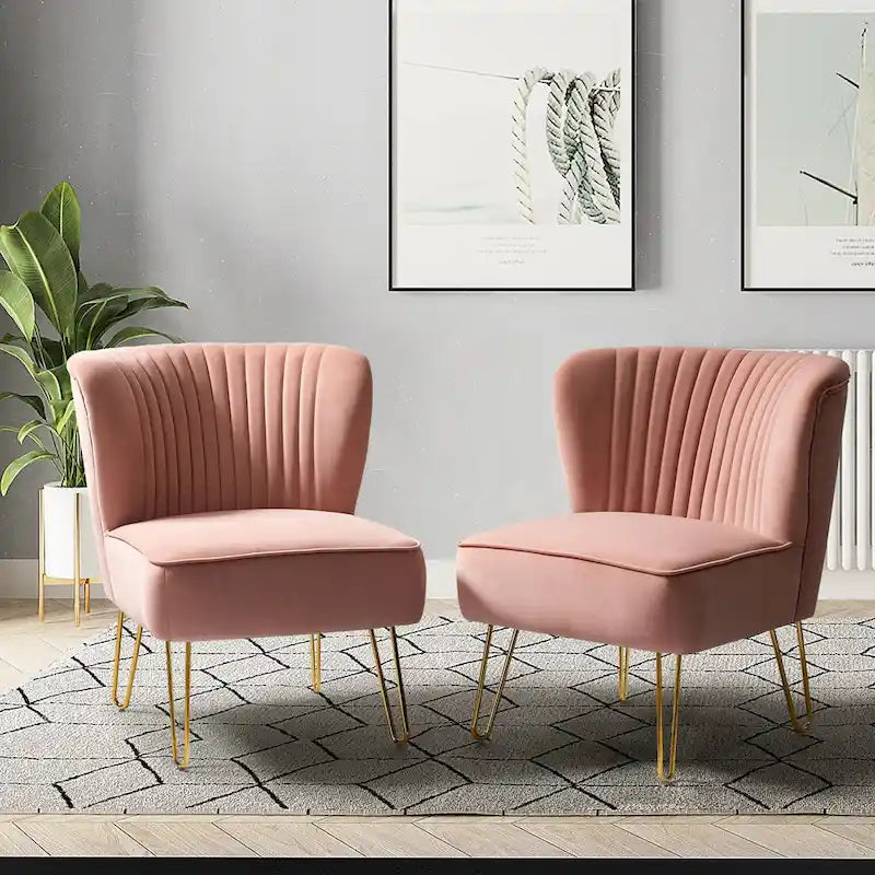 Velvet Tufted Accent Chairs with Gold-Tone Legs, Set of 2