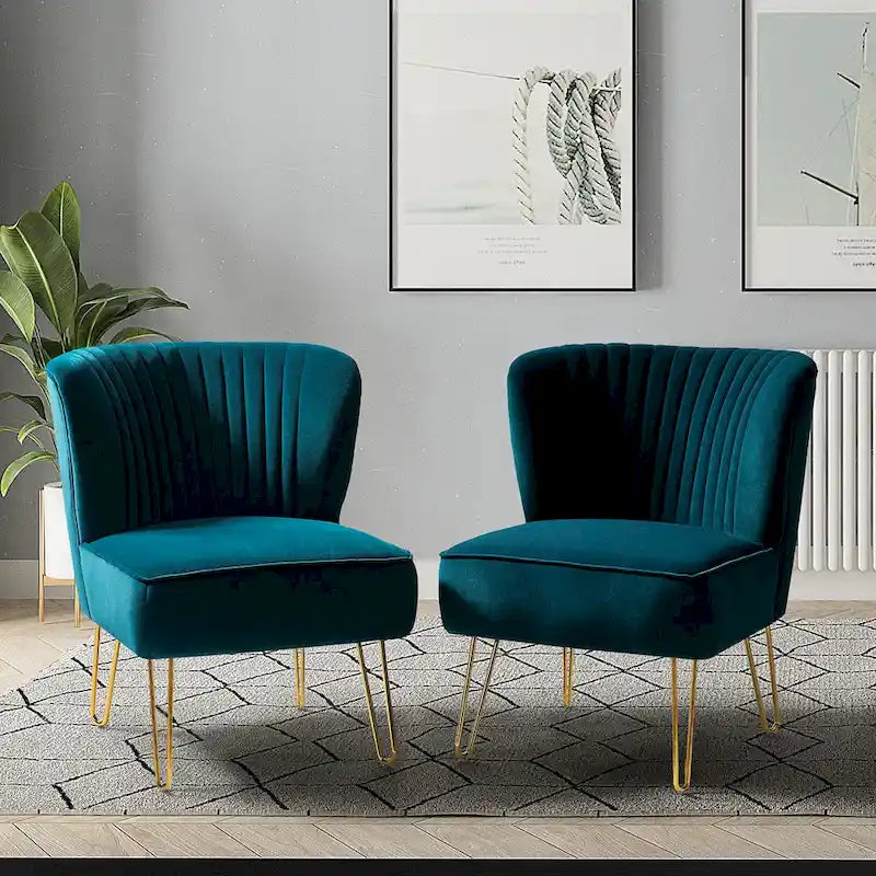 Velvet Tufted Accent Chairs with Gold-Tone Legs, Set of 2