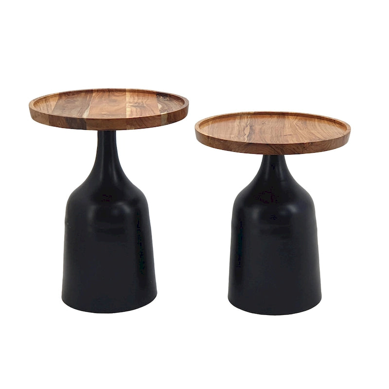Odkládací stolky ve tvaru trubky z akácie a hliníku - sada 2 kusů