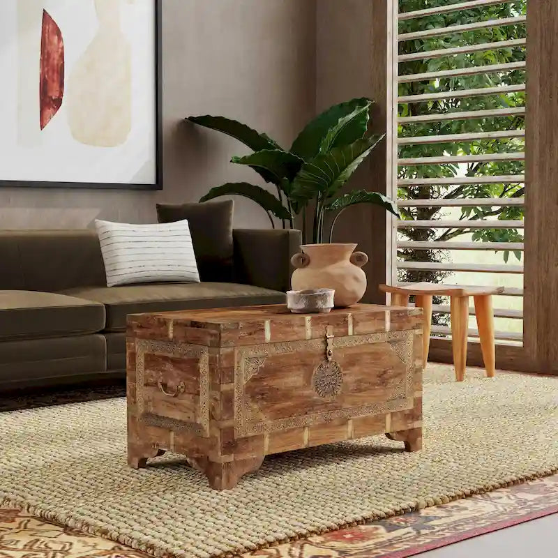 Hand-Painted Brass Inlay Storage Trunk Coffee Table
