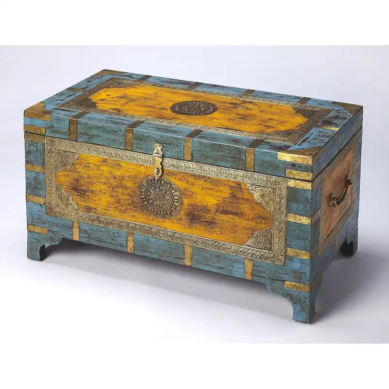 Hand-Painted Brass Inlay Storage Trunk Coffee Table