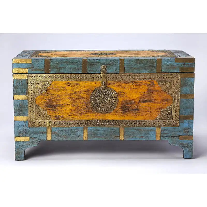 Table basse coffre de rangement avec incrustation en laiton peinte à la main
