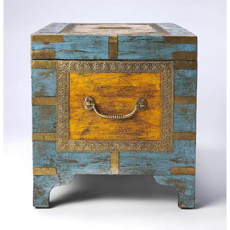 Hand-Painted Brass Inlay Storage Trunk Coffee Table