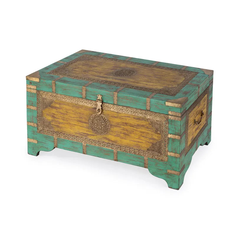 Table basse coffre de rangement avec incrustation en laiton peinte à la main