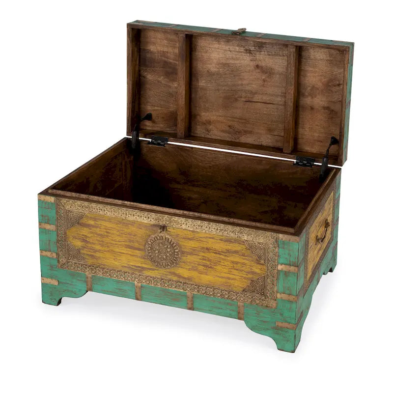Table basse coffre de rangement avec incrustation en laiton peinte à la main