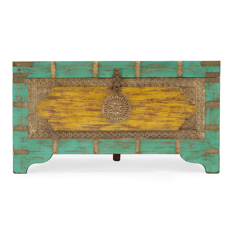 Table basse coffre de rangement avec incrustation en laiton peinte à la main