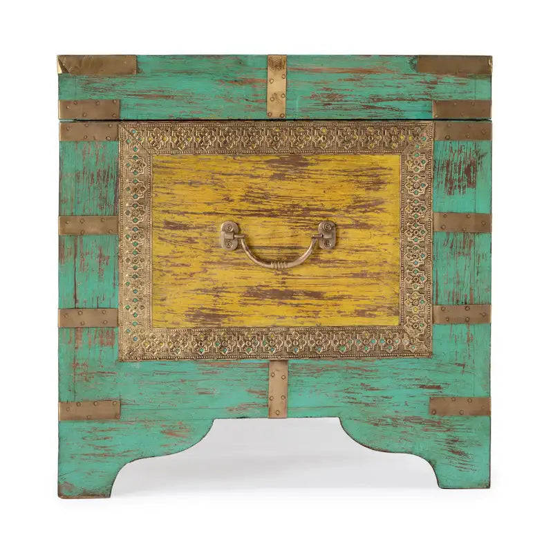 Table basse coffre de rangement avec incrustation en laiton peinte à la main