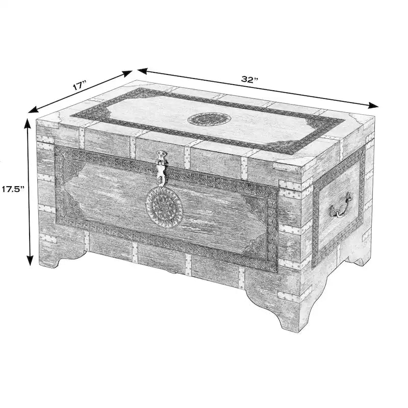 Table basse coffre de rangement avec incrustation en laiton peinte à la main