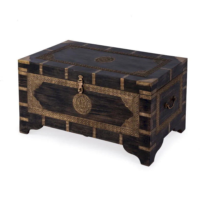 Table basse coffre de rangement avec incrustation en laiton peinte à la main