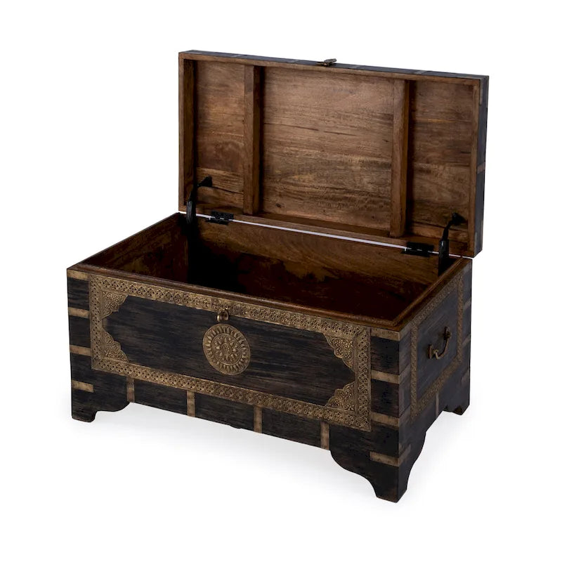 Table basse coffre de rangement avec incrustation en laiton peinte à la main