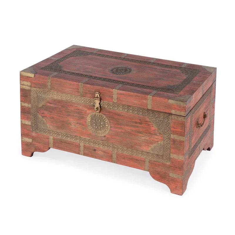 Table basse coffre de rangement avec incrustation en laiton peinte à la main
