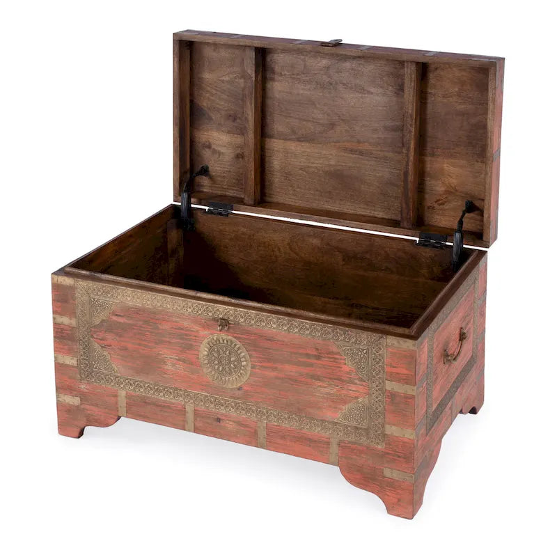 Table basse coffre de rangement avec incrustation en laiton peinte à la main