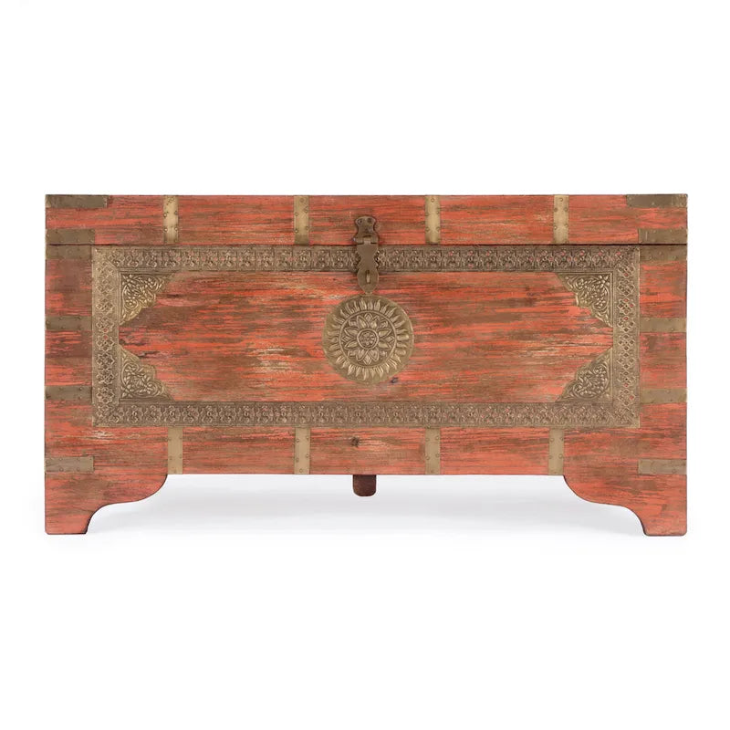 Table basse coffre de rangement avec incrustation en laiton peinte à la main