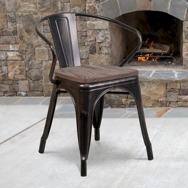 Stackable Metal Bistro Chair with Elm Wood Seat and Arms