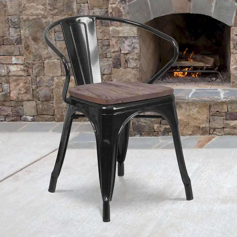Stackable Metal Bistro Chair with Elm Wood Seat and Arms
