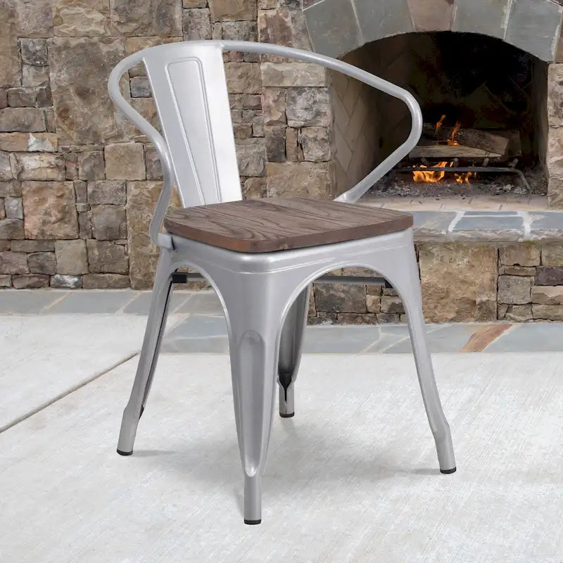 Stackable Metal Bistro Chair with Elm Wood Seat and Arms