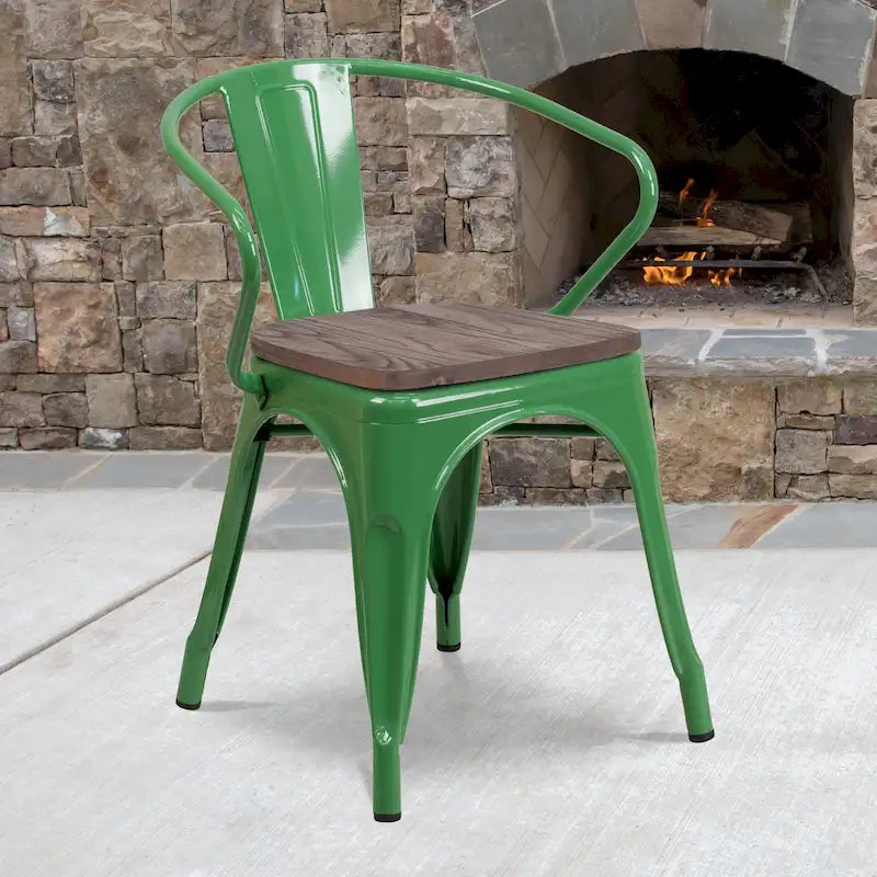 Stackable Metal Bistro Chair with Elm Wood Seat and Arms