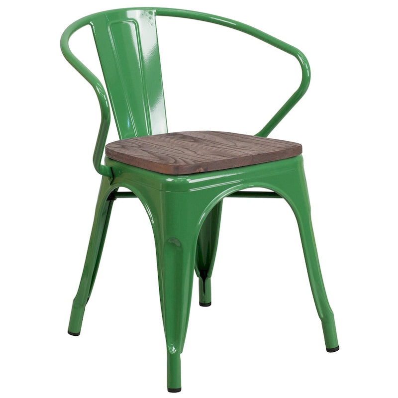 Chaise de bistrot empilable en métal avec assise et accoudoirs en bois d'orme