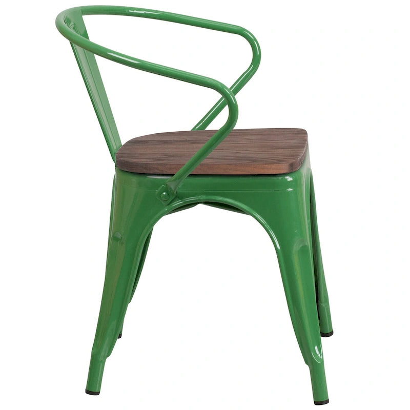 Chaise de bistrot empilable en métal avec assise et accoudoirs en bois d'orme